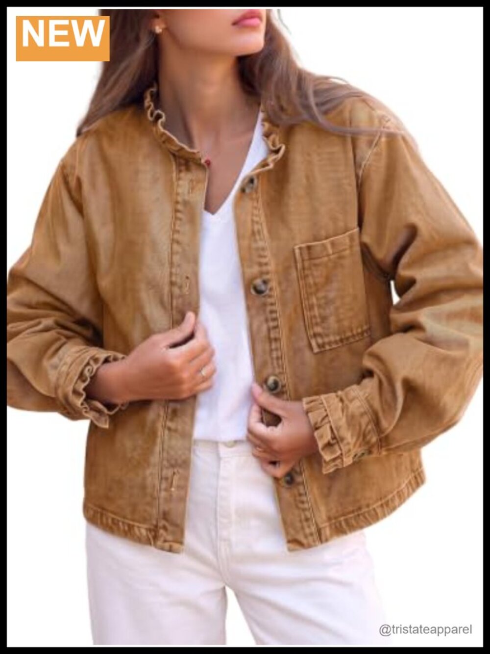 Denim Ruffled Button Down Shirt Long Sleeve Casual Blouse with Chest Pocket